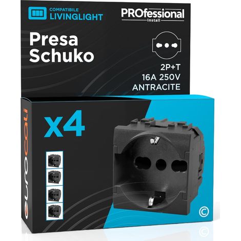 Prise électrique Schuko Unel 16 A 250 V compatible avec BTicino Livinglight prise italienne 2P+T Bipasso Bivalente 10/16 A fruits électriques couleur anthracite - Lot de 4 (1/5)