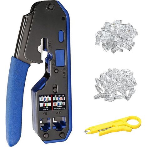Kit d'outils de sertissage RJ45 tout-en-un avec pince à dénuder et coupe-connecteurs, et 50 connecteurs traversants Cat6. (1/5)