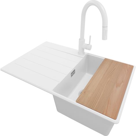 PRIMAGRAN Evier Cuisine en Granit 78x50cm, Lavabo 1 bac + Robinet 40x20cm + Kit de Vidage + Accessoire, Évier à Encastrer au meuble 45cm - Copenhague, Blanc (1/5)
