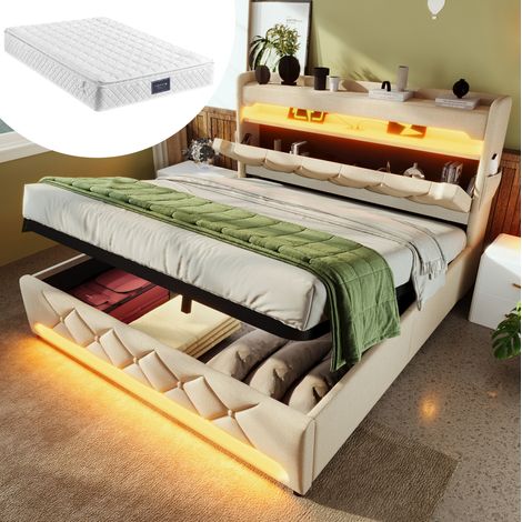 FLORAGRACE Lit coffre 140x200 cm en lin beige avec tête de lit USB Type-C, LED 360° et rangement hydraulique (1/5)