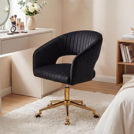 Wahson Office Chair in Velvet Modern Swivel Desk Chair with Hollow Elegant Backrest Task Chair Height Adjustable for Home Office, Black