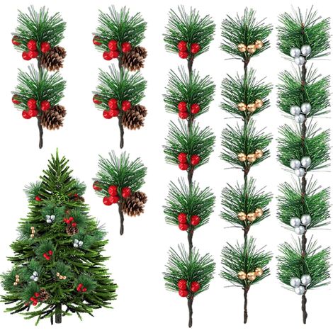 20 Pièces Rameau de Sapin Artificiel Décoré,Petites Branches de Sapin Artificiel avec Baies Rouges et Pommes de Pin,pour Guirlandes de Noël DIY,Centre de Table,Mariage Hivernal (4 Styles) (1/5)
