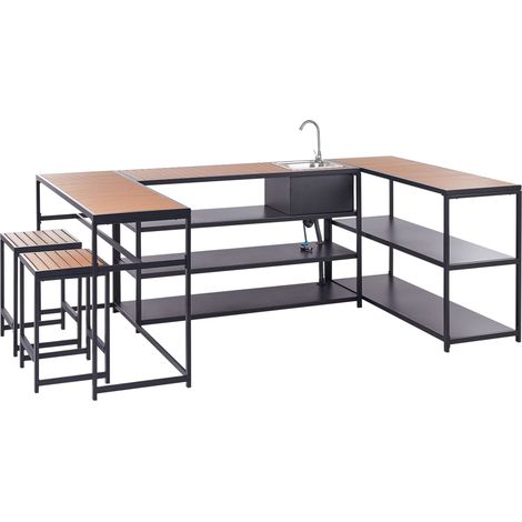 Ensemble de Cuisine de Jardin en Acier avec Table de Bar Evier et 2 Tabourets Salle à Manger Extérieur Noir Bois Clair Avetrana
