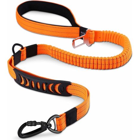 JKWG Laisse pour chien Zero Shock pour grands chiens, laisse élastique réfléchissante de 3,6 à 4,9 pieds avec amortisseur élastique et mousqueton solide, ceinture de sécurité pour voiture avec deux po (1/5)