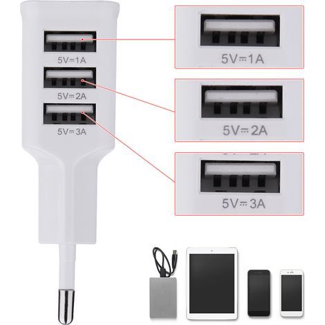 Chargeur mural universel sécurisé 100-220 V avec 3 ports USB pour téléphones et tablettes (prise européenne). (1/5)
