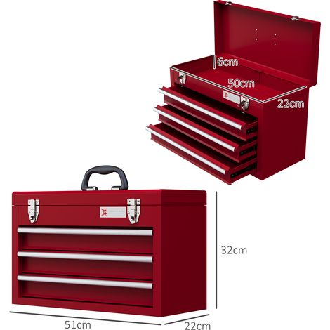 Coffre à outils vide 51x22x32cm, 3 tiroirs avec compartiment supérieur, poignée et serrure, boîte à outils robuste en acier rouge (1/5)