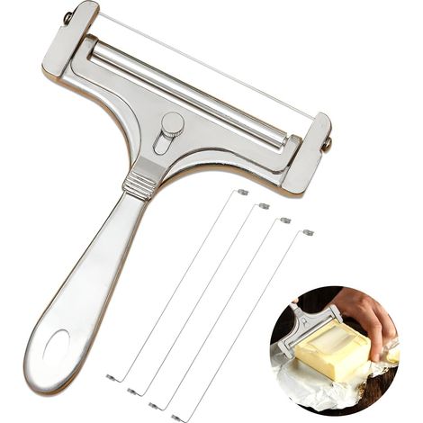 Coupe-fromage à fil avec rouleau - Grosor ajustable para quesos blandos a semiduros - Construcción de aluminio/acero inoxidable con 4 alambres de repuesto