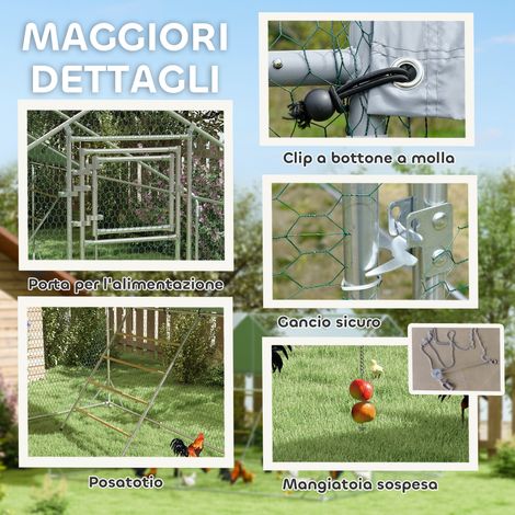 Poulailler 12m² argenté 3x4x1.9m, abri étanche pour 12-18 volailles, inclut perchoir et mangeoire (1/5)