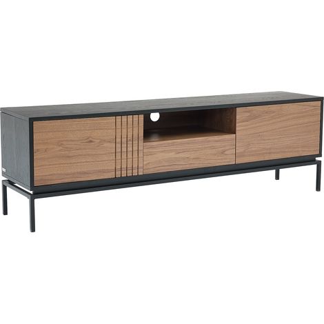 Meuble TV avec 2 portes, 1 tiroir et 1 niche placage noyer et métal - Naturel foncé et Noir - ZINORI