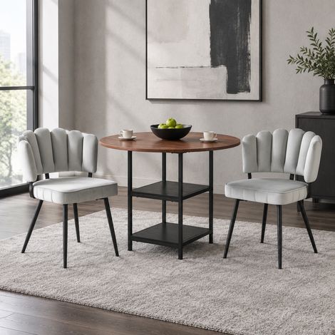 Set tavolo e sedie rotondo 107 cm effetto noce, 2 sedie grigio chiaro DESVIAE (1/5)