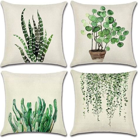 Kissenbezug-Set, 4 wasserdichte Kissenbezüge mit grünem Blattmuster, 44 x 44 cm (1/4)