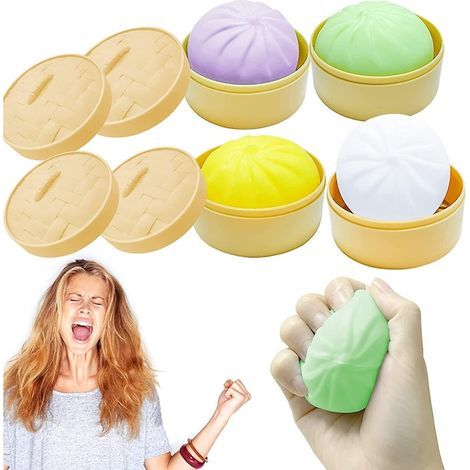 Lot de 4 mini-raviolis anti-stress, balle anti-stress en forme de ravioli, petit pain farci à la vapeur, jouet anti-stress à presser, boules de pâte à squishy.