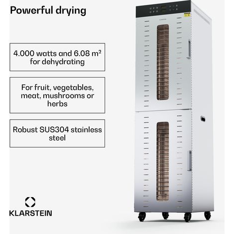 Klarstein Dehydrator  4000W Food Dehydrator, 40 Stainless Steel Shelves, 2 Chambers, 30-90°C, 24h Timer, 6 Fans, 50-55 dB, Ideal for Fruits, Vegetables, Meat, Herbs, Silver