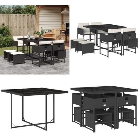 9-tlg. Garten-Essgruppe mit Kissen Schwarz Poly Rattan - Gartenmöbel Set - Gartentisch - Gartenstühle - Gartenhocker - Rattan Möbel - Home & Living