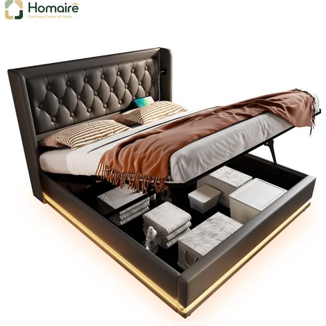 Cadre de lit noir en cuir avec rangement et port USB 210 x 190 x 101 cm HOMAIRE (1/5)