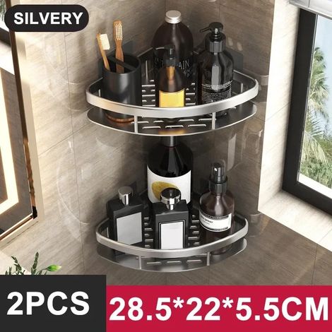(StyleA-Silvery-2PCS) Étagère de salle de bain/rangement de cuisine en alliage d'aluminium, porte-shampoing, étagère de douche, accessoires de salle de bain, étagère sans perçage (1/5)