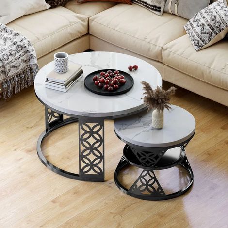 Ensemble de 2 tables, plateau blanc effet marbre, pieds noirs. Pour salon, chevet ou table d'appoint - Blanc+Noir (1/5)