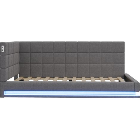 Cama tapizada multifuncional 90 x 200 cm en lino gris con LED, USB y somier de lamas (1/5)