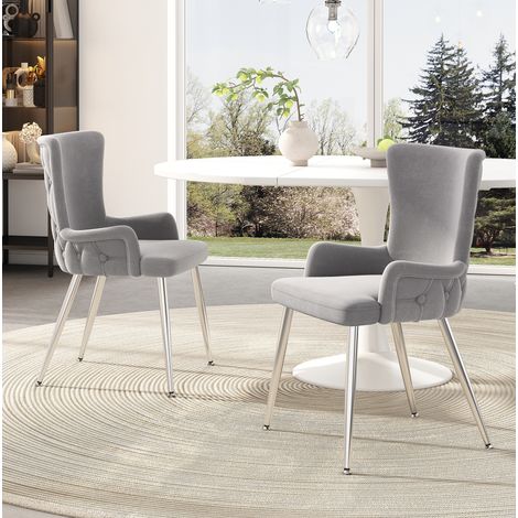 Silla de comedor de terciopelo gris, lote de 2, con patas de metal plateado, H 85 cm DESVIAE (1/5)