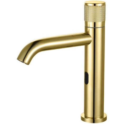 Robinet lavabo capteur infrarouge automatique doré 34 cm, sans contact, batterie, avec aérateur et filtre