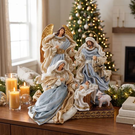 Natività Sacra Famiglia con Angelo per presepe vestiti color beige e azzurro h 36 cm (1/3)