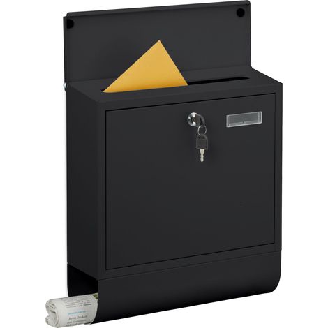 Buzón Relaxdays con nombre, 4 llaves, tubo para periódicos, HBT: 41,5 x 37,5 x 14 cm, metal, negro