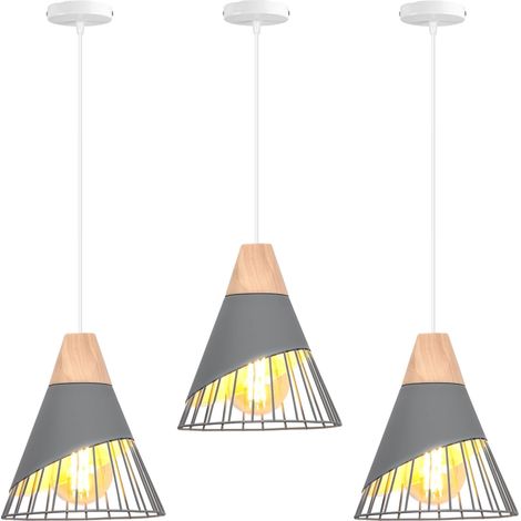 Lot de 3 Suspensions Luminaires Moderne Industrielle Bois Lustre Abat-jour Métal Vintage forme Cage Ø25cm Plafonnier E27 Design pour Cuisine Chambre Salon (Gris-3pcs) [Classe énergétique A]