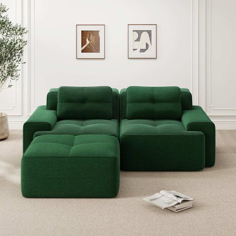 Canapé d’angle modulable 2 places avec ottoman, velours côtelé vert, assise profonde 74 cm, mousse 32D, 204 x 177 x 69 cm (1/5)