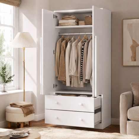MEUBLIV Armoire 70x40x170 cm blanche – 2 portes, 2 tiroirs et étagère (1/5)