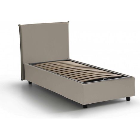 Talamo Italia Letto singolo Brigida, Letto contenitore con rivestimento in ecopelle, 100% Made in Italy, Apertura frontale, adatto per materasso Cm 80x190, Tortora, con imballo rinforzato
