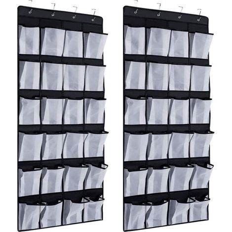 2 Pcs 24 Poches Range-Chaussures à Suspendre sur La Porte, Rangement de Chaussures avec 8 Crochets (Noir) (1/3)