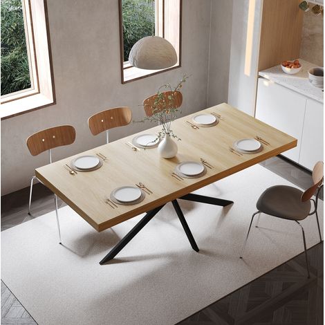 Mesa de comedor extensible 140-180 cm, rectangular, natural, con almacenaje oculto, base de metal negro, 4-6 plazas (1/5)