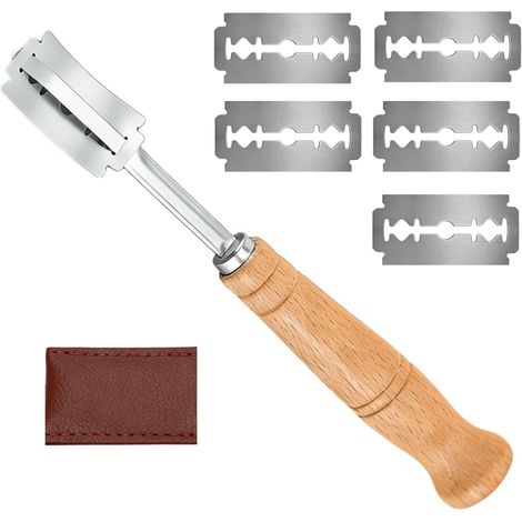Lame Boulanger avec Étui en Cuir et 5 Lames, Couteau de Boulanger Grignette Lame a Pain Porte Grignette de Précision pour Pain et Baguette, Manche Bois Ergonomique (1/5)