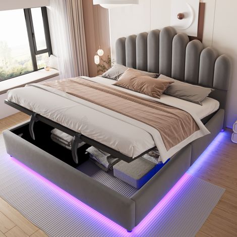 Lit capitonné 180 × 200 cm avec rangement hydraulique, bande lumineuse LED, tête de lit unique, volumineuse et confortable, sommier à lattes stable, tissu velours gris (1/4)