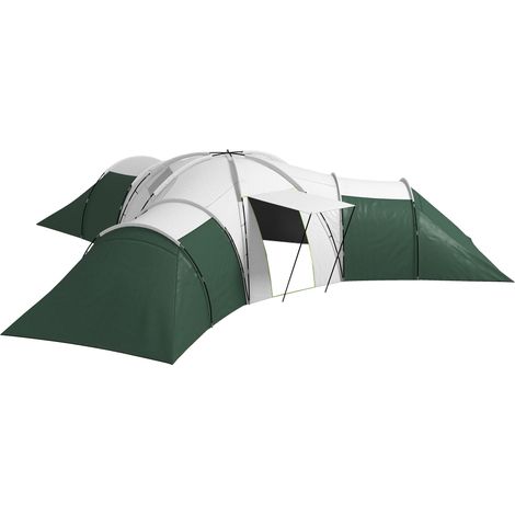 Tente de camping pour 6 à 9 personnes, 4 chambres, 615 x 615 x 225 cm, verte, auvent, imperméable