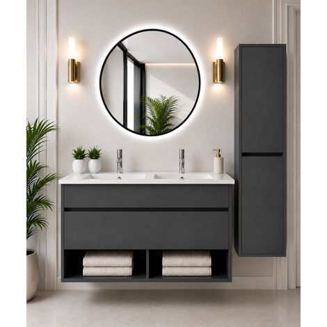 Badmöbel hängend mit Waschbecken extra flach ORIGENBATH NEBARI mit Schublade ohne Spiegel 120x45 cm Doppelwaschbecken graphit mit Säule