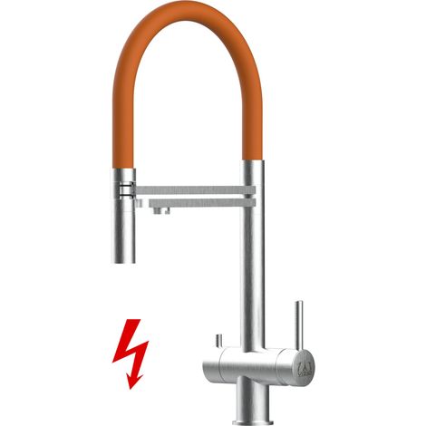 NIEDERDRUCK 3 Wege Edelstahl Massiv Küchenarmatur Spültischmischer, mit 360° schwenkbarem Orange Auslauf und 2 strahl Handbrause - Gebürstet (1/5)