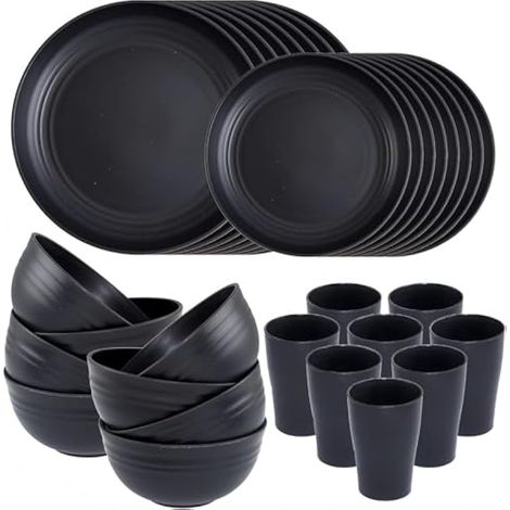 Ensemble de 32 pièces de vaisselle en plastique incassable  
8 assiettes 25 cm, 8 assiettes à salade 20 cm, 8 bols 720 ml, 8 tasses 360 ml – Compatible micro-ondes et lave-vaisselle