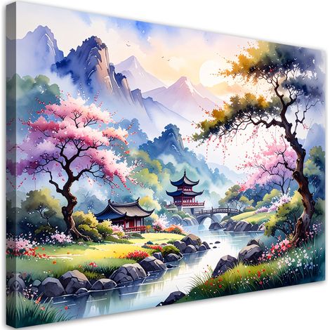 Leinwandbild Japanische Pagode Pastelllandschaft 90x60