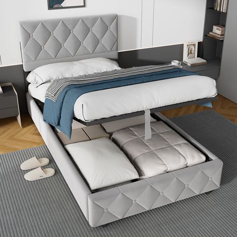 Cama con canapé 90x190 cm - Cama para adulto - Cabecero tapizado - Somier de lamas - Beige (1/5)