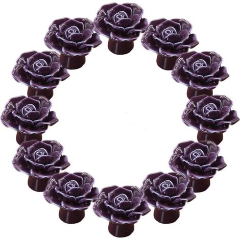 Tiradores de cerámica con forma de flor de rosa para puertas, cómodas, armarios de cocina y cajones. Juego de 12 tiradores, color violeta.