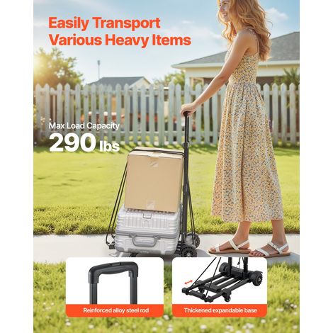 Diable Pliant 4 Roues, Chariot à Bagages Pliable, Capacité de Charge 131,5 kg, 2 Cordes Élastiques, Base Extensible, Chariot Utilitaire pour Déménagement, Manutention, à l'Aéroport, Bureau, Noir (1/5)