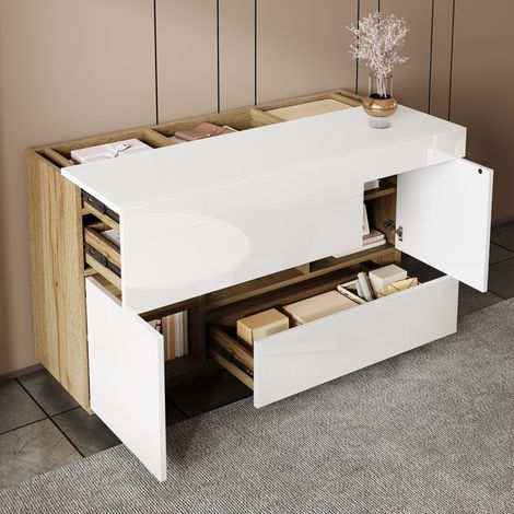 MEUBLIV Aparador de almacenaje 120 cm blanco con LED multicolor, 2 cajones y 2 puertas (1/5)