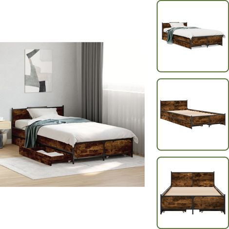 The Living Store Cadre de lit avec tiroirs sans matelas chêne fumé 75x190 cm - Lit Double - Cadre De Lit - Meuble De Chambre - Rangement Sous Le Lit - Tiroir Intégré