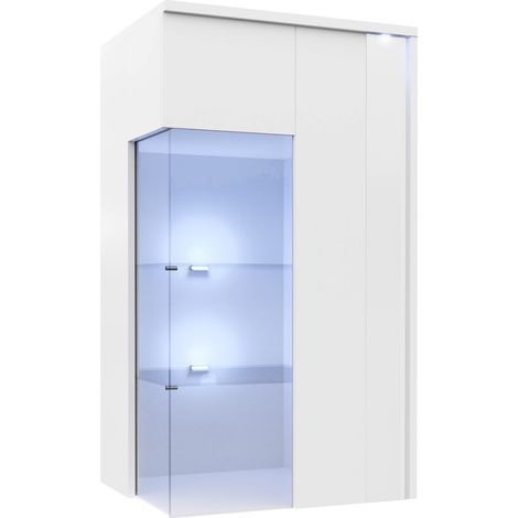 Armario de pared Florem I, Blanco + Blanco brillante, 110x52cm, Número de puertas: 140cm, Aglomerado laminado, LED