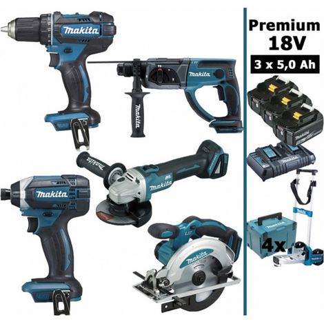 Pack Makita Premium 5 machines 18V 5Ah: Perceuse DDF482 + Meuleuse DGA504 + Perforateur DHR202 + Visseuse à chocs DTD152 + Scie (1/5)
