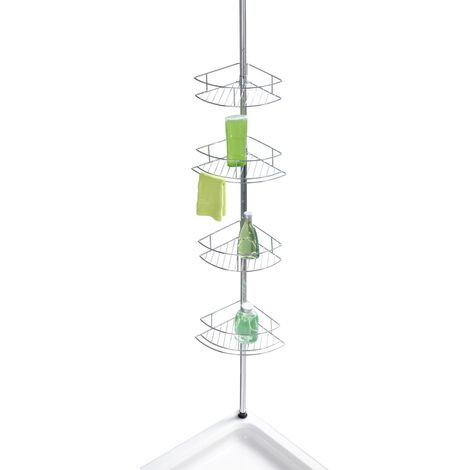WENKO Mensola telescopica per bagno Dolcedo, 4 cestini per doccia angolari, soluzione senza foratura, fissaggio mediante torsione e regolabile in altezza, Acciaio Inossidabile, 31x65-275x23 cm, lucido (1/5)