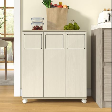 Cache-poubelle 3 compartiments aspect bois clair, mobile roulettes 3 portes, meuble de tri déchets pour cuisine 69,3 x 35 x 80,3 - Blanc (1/5)