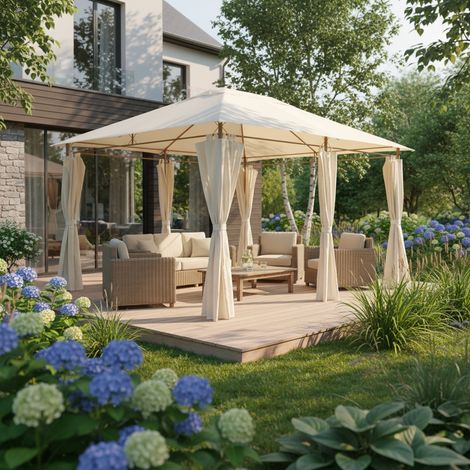Tonnelle 3x4 m - Divio - Imitation bois. toile écru - Pergola avec rideaux. tente de jardin. barnum. chapiteau. réception
