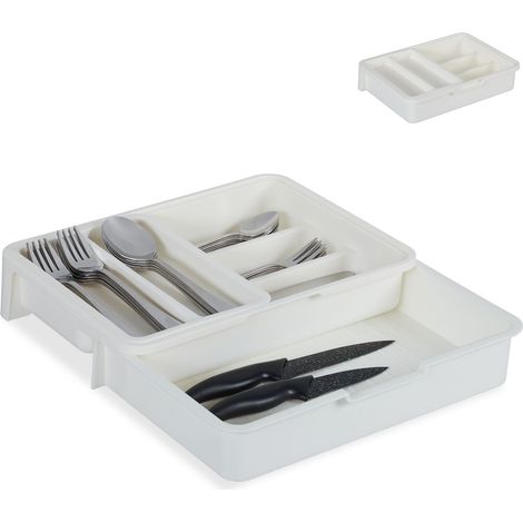 Relaxdays Cutlery Tray, Extendable, 7 Compartments for Silverware & Kitchen Utensils, HWD 6x23.5x31.5 cm, White